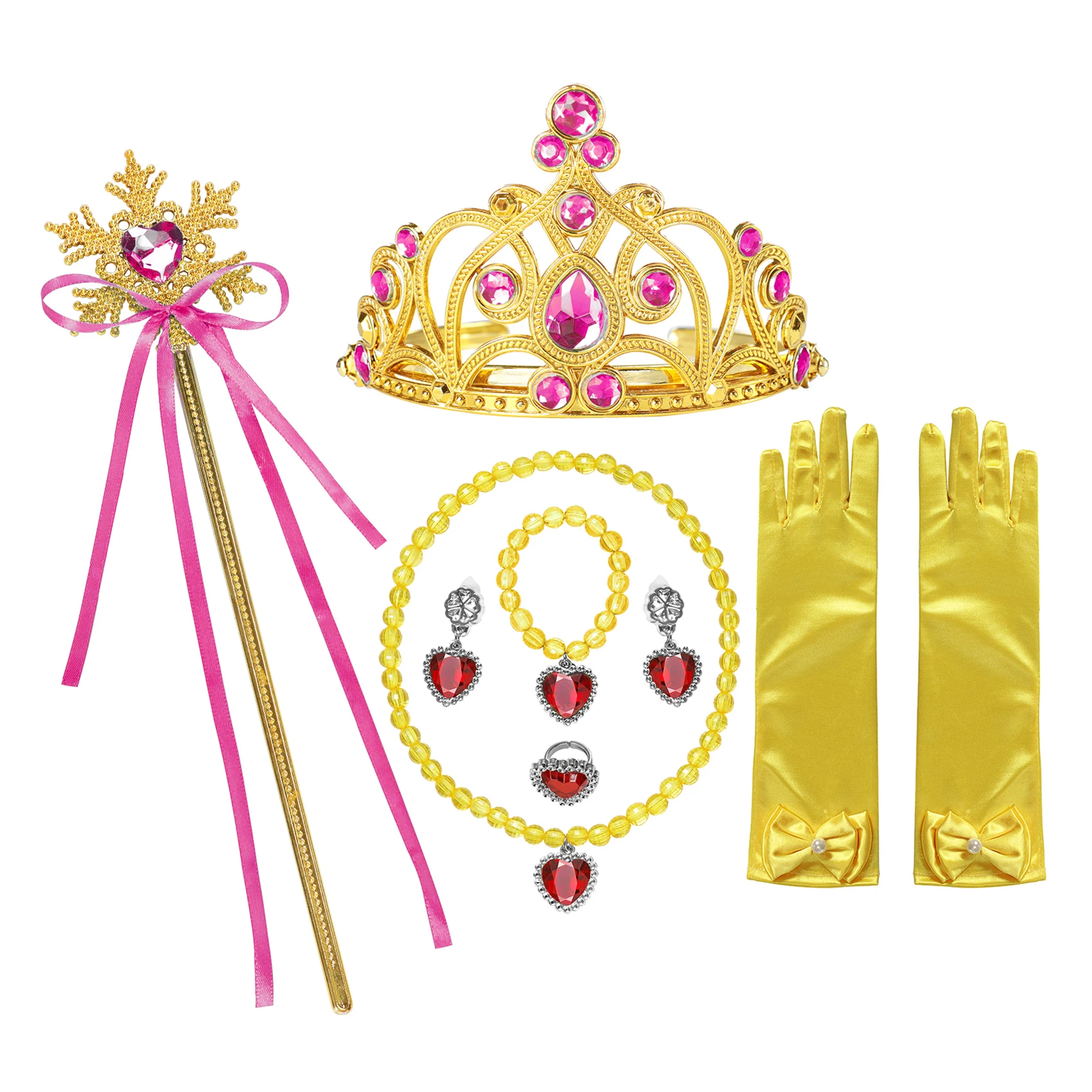 Girls Anna Elsa Cospaly Sets Crown Magic Wand Necklace Wig Gloves Accessories Earring Bracelet Sleeping Beauty Belle Party Gift