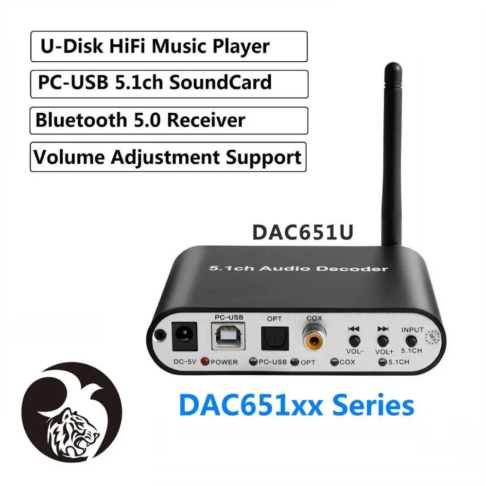 dts 5.1 Audio Decoder converter PC-USB Soundcard RCA SPDIF Coxial Optical Bluetooth 5.0 receiver Volume USB music player ac3 DAC