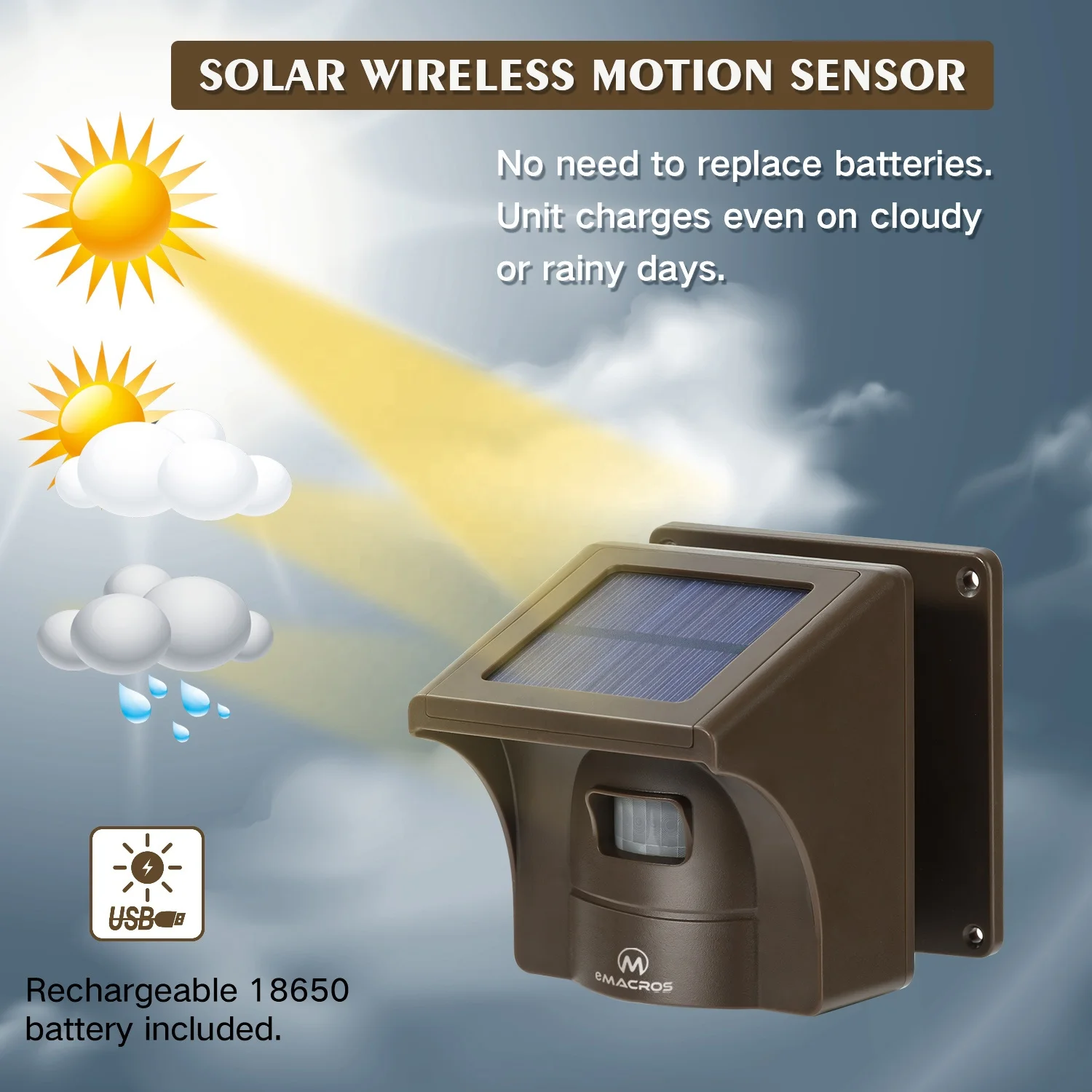 eMACROS Long Range Solar Driveway Alarm Outdoor Weather Resistant Motion Sensor & Detector