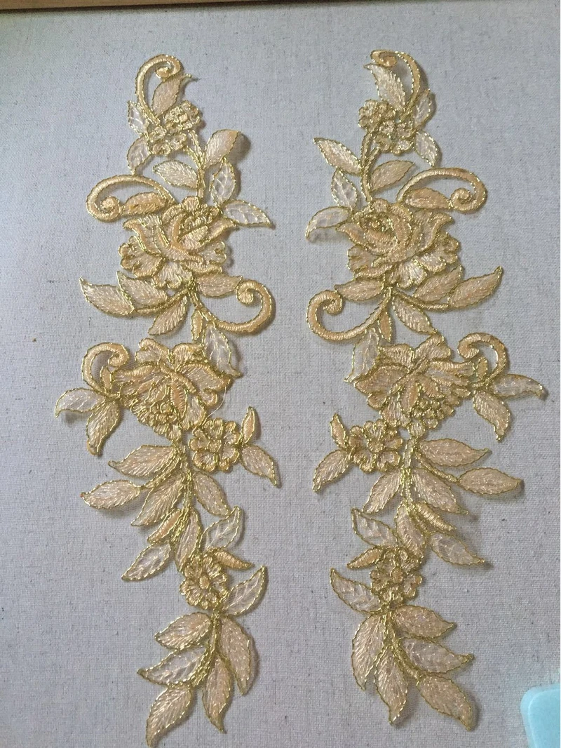 

50Pcs/Lot Embroidery Flower Lace Applique Gold Patches Lace Pattern for Sewing Wedding Dress High Quality 38x12cm