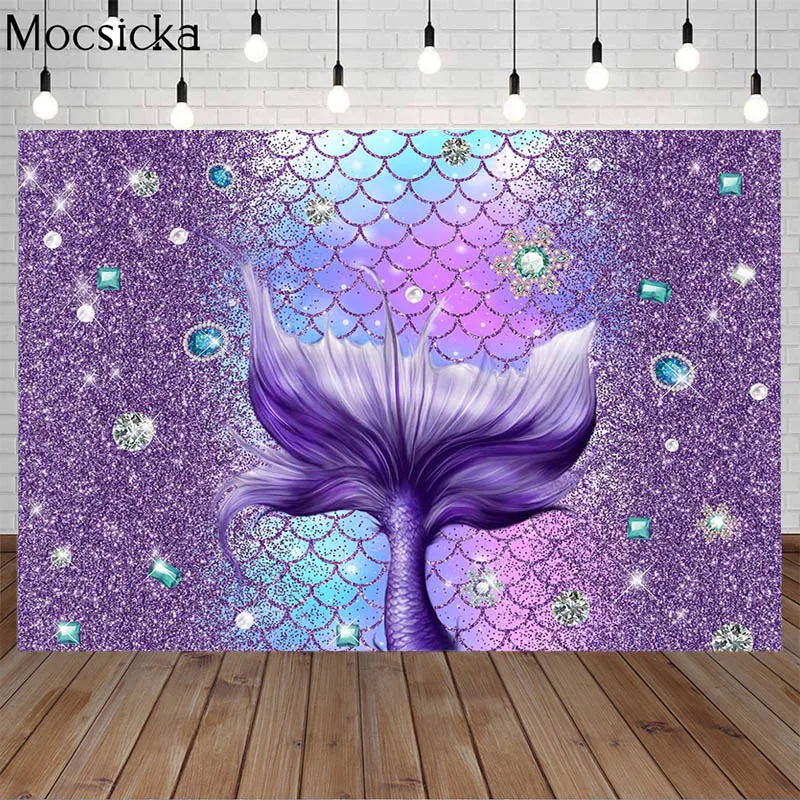 보라색 인어 꼬리 사진 배경 플래시 Bokeh 보석 소녀 1 생일 파티 사진 배경 장식 용품 Photocall