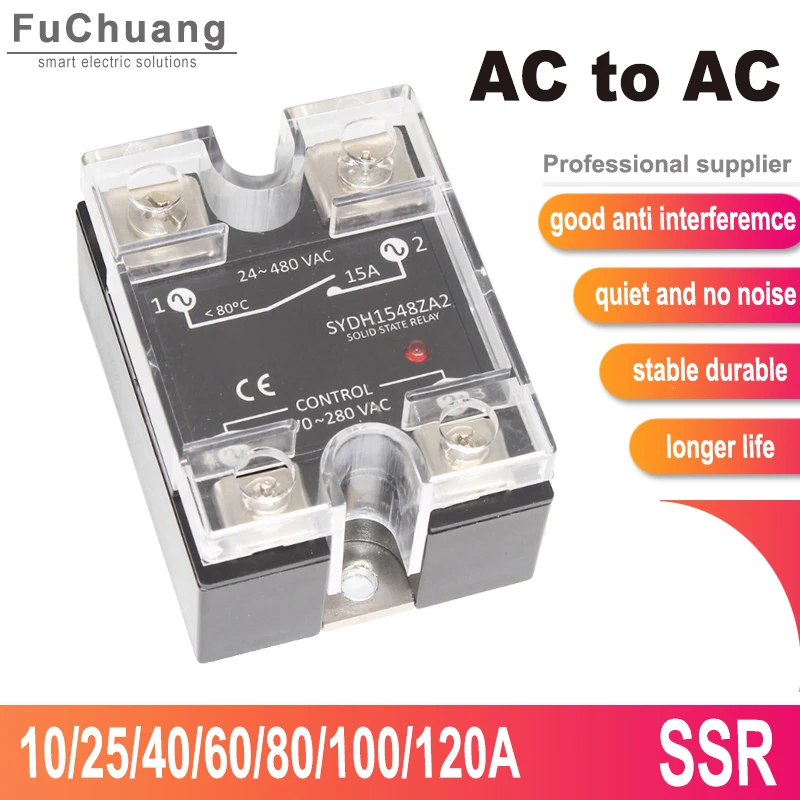 

Longer Life AC-AC 480V Single Phase Solid State Relay Built-in RC 10A 25A 40A 60A 80A 100A 120A Dielectric strength 4000V SSR