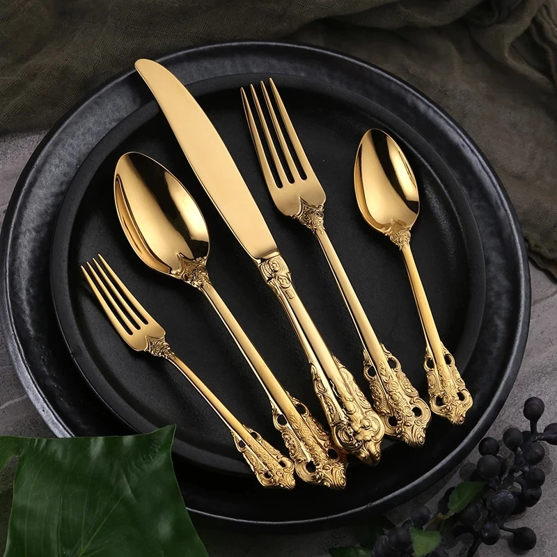 30Pcs Golden Luxury Dinnerware Set Vintage Tableware Cutlery Knife Fork Spoon Tea Spoons Set Kitchen Utensils Dropshipping