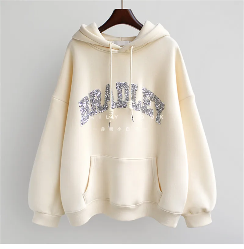 Phụ Nữ Mùa Đông Áo Hoodie Thời Trang Áo Đính Hạt Cườm Bông Tai Kẹp Chữ Bradley Chui Đầu Nữ Giữ Ấm Tím Casual Nữ Áo Mới