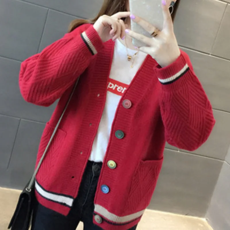 Zoki Fashion V Neck Women Cardigan Sweater Autumn Long Sleeve Single Breasted Knit Coat Casual Korean Striped Pocket Sweater