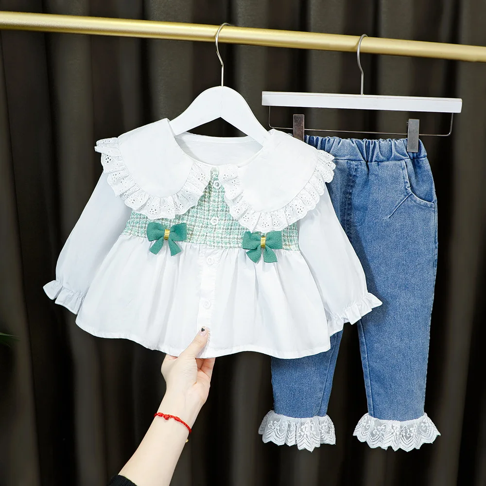 Spring Autumn Baby Girls Clothing Set Fashion Casual Long Sleeved Shirts + Denim Jeans Pants Kids Girls Clothes Suit Child Wear