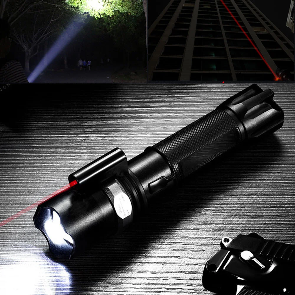 Led flashlight Ultra Bright torch Camping light 3 Mode Zoomable Bicycle Light use AAA 18650 battery Tactical Red laser Lamp