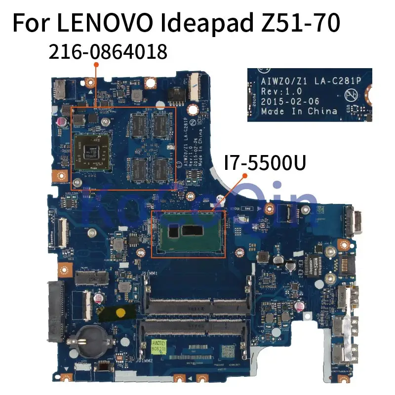 KoCoQin AIWZ0/Z1 LA-C281P Laptop motherboard For LENOVO Ideapad Z51-70 I7-5500U R7 M360 MMainboard 5B20J23786 SR23W 216-0864018