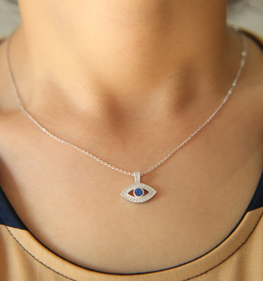 luxury fine 2025 new arrive 925 sterling silver Blue zirconia single stone eye shape silver fashion women jewelry necklace 925