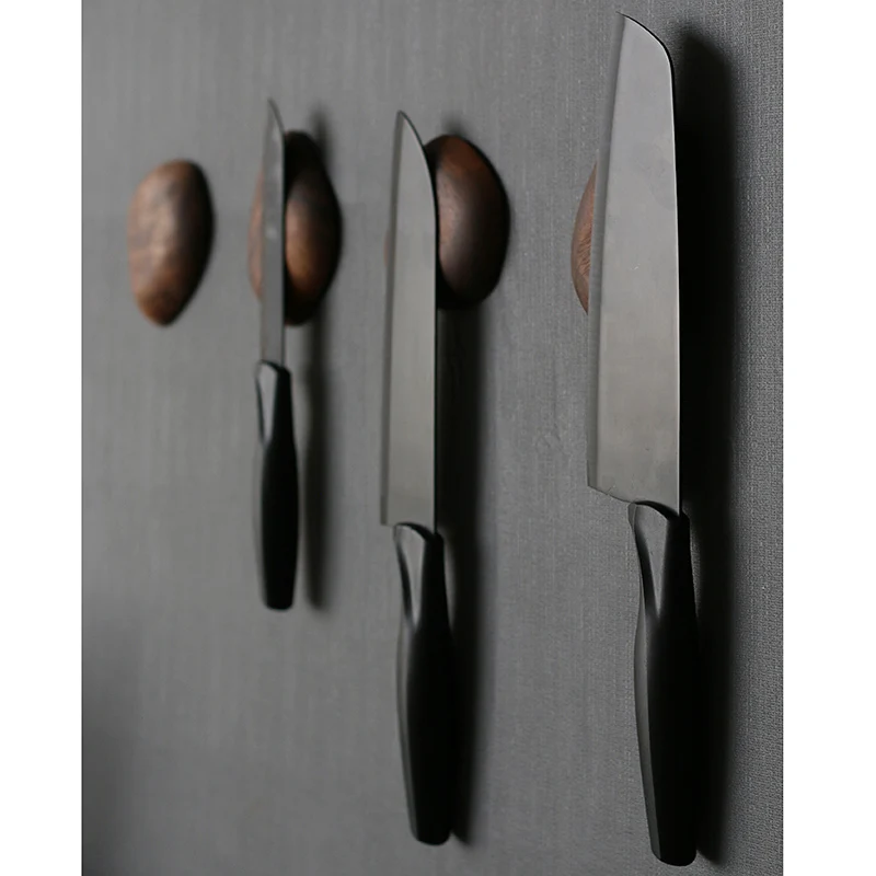 1- 4PCS Cobblestone Wood Kitchen Magnetic Knife Holder Utensil Slicing Chef Santoku Knives Storage Rack Magnet Knife Stand Block