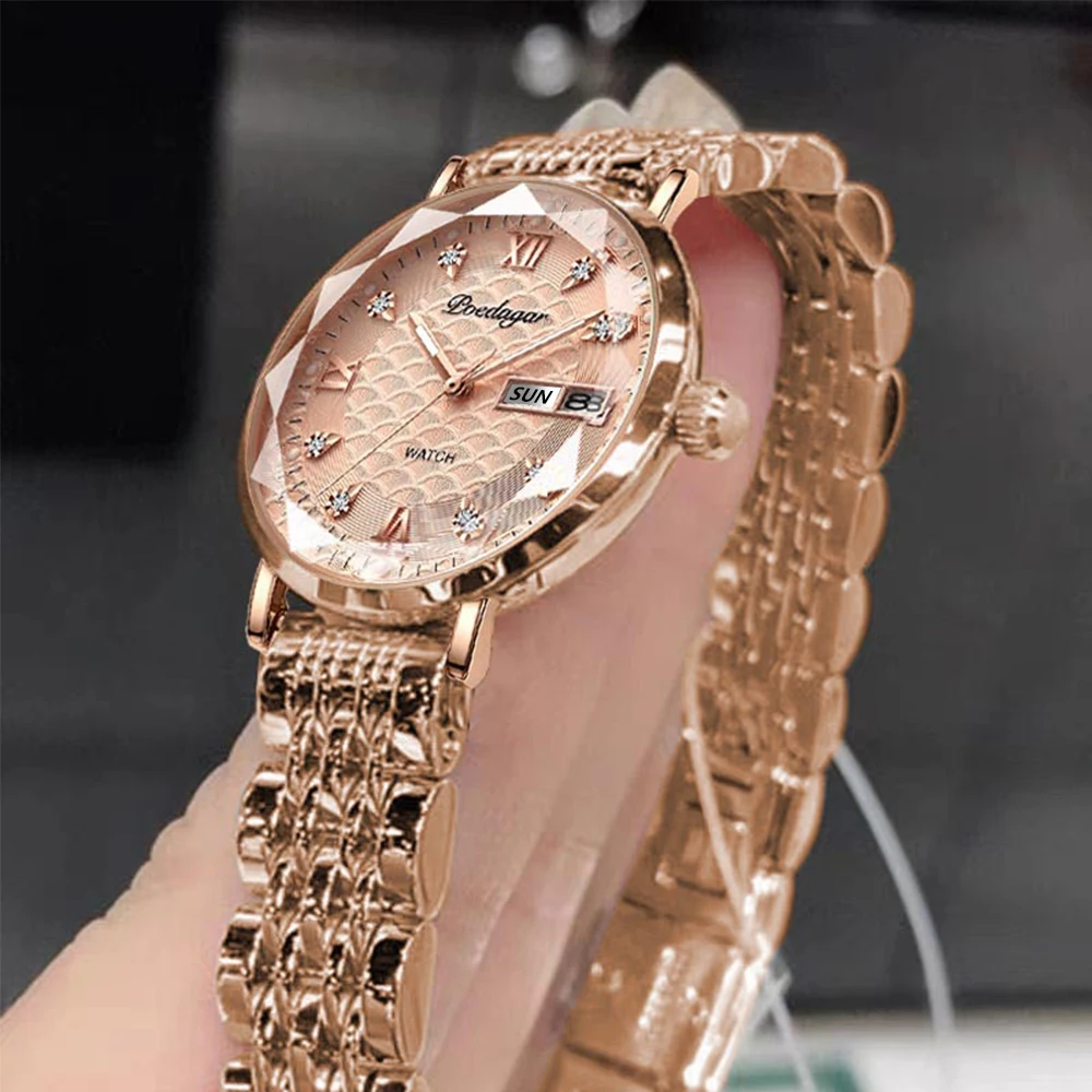 POEDAGAR Watch Women New Fashion Luxury orologio da polso in acciaio inossidabile bracciale semplice orologi da donna luminosi impermeabili in oro rosa