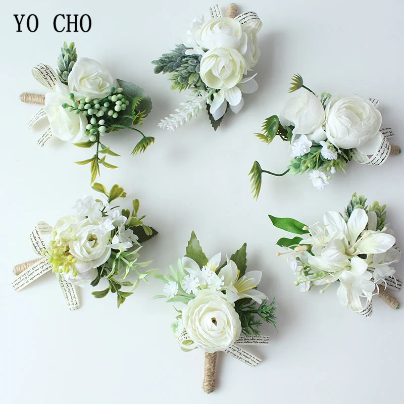 YO CHO hombres Boutonniere botonhole Rose broche novia boda muñeca ramillete pulsera Ceremonia del novio flor fiesta reunión Decoración