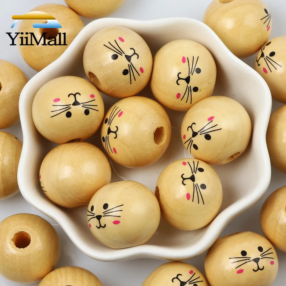 3-10Pcs 20/30mm Cute Cat Natural Wooden Beads Round Spacer Loose Beads For Jewelry Making Handmade Diy Necklace Bracelet