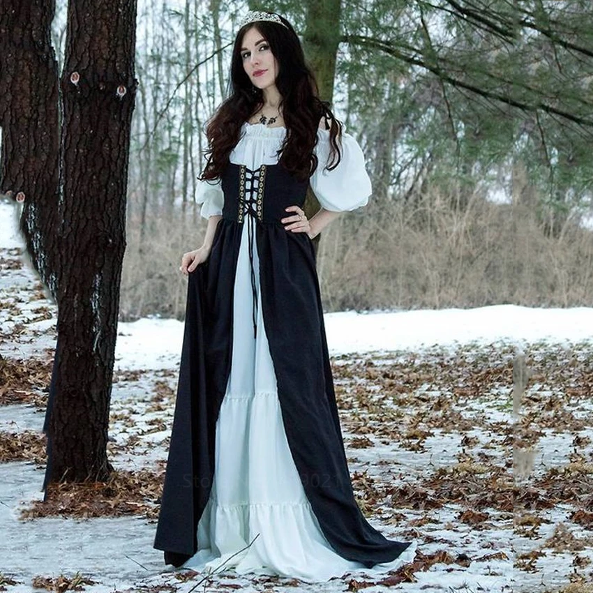

2Pcs Victoria Retro Women Halloween Costume Dress Medieval Cosplay Vintage Palace One Shoulder Bandage Corset Carnival Party