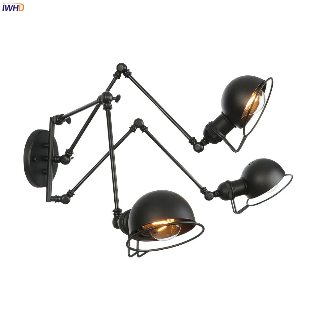 

IWHD 3 Heads Black Industrial LED Wall Light Bedroom Porch Stair Loft Decor Adjustable Swing Long Arm Vintage Wall Lamp Sconce