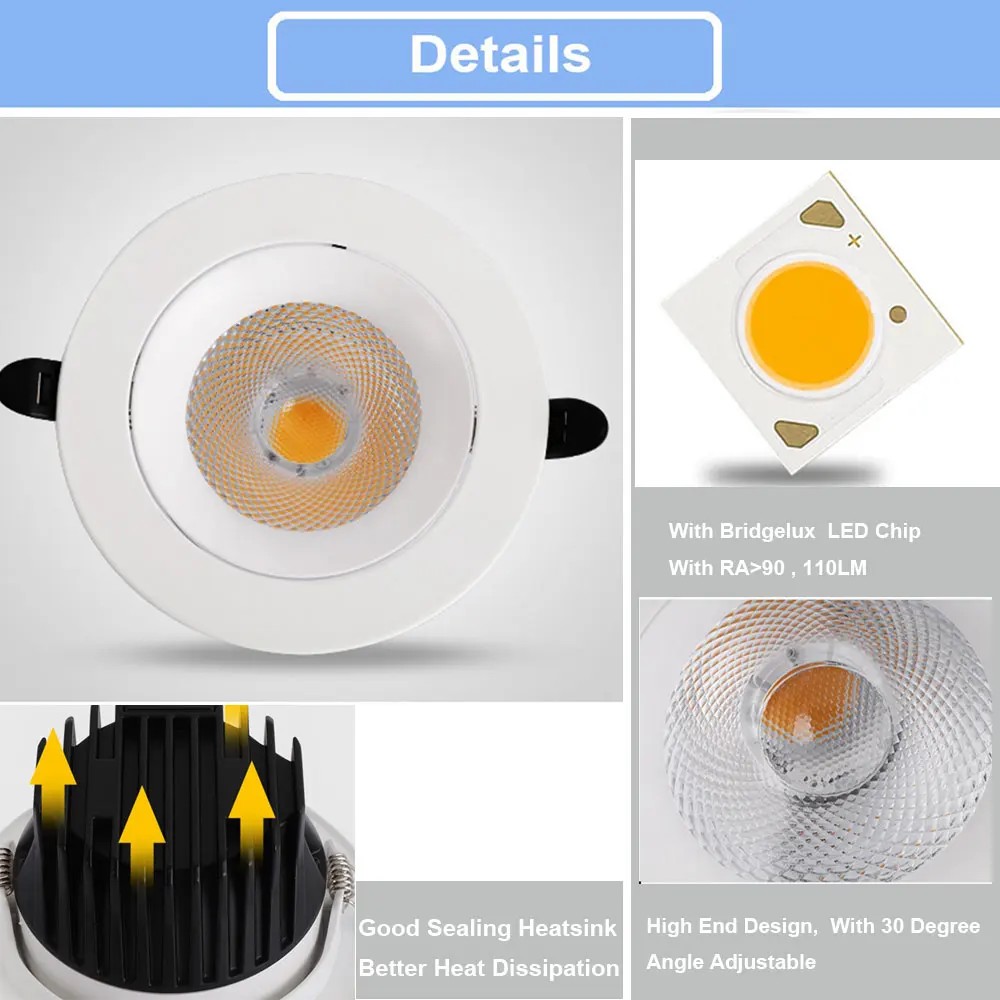 Imagem -04 - Recessed Led Downlight 5w 10w 15w 20w Ponto Ajustável Conduziu o Teto para Baixo a Luz 90260v Pode Ser Escurecido Conduziu o Holofote Peças