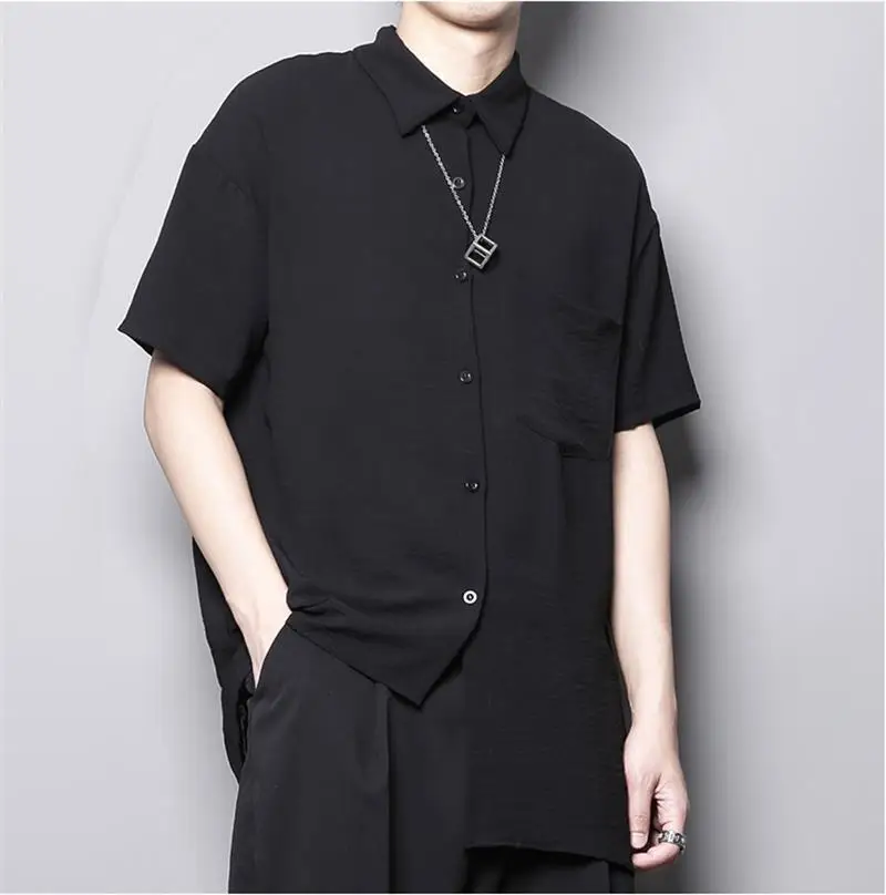 

Dark black style personality small crowd design irregular hem loose asymmetric shirt five short sleeve shirt male port flavor