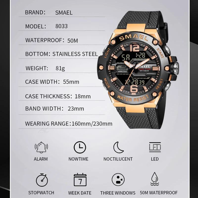 Fashion Men Watch Sport Clock 50M Waterproof Wristwatches LED Digital Auto Date Stopwatch Alarm Clocks 8033 Men\'s Casual Watches