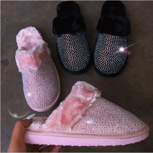 Faux Fur Warm House Slippers Women 2024 New Fashion Women\'s Slippers Winter New Hedging Rhinestone Flat Home Slippers 35-43