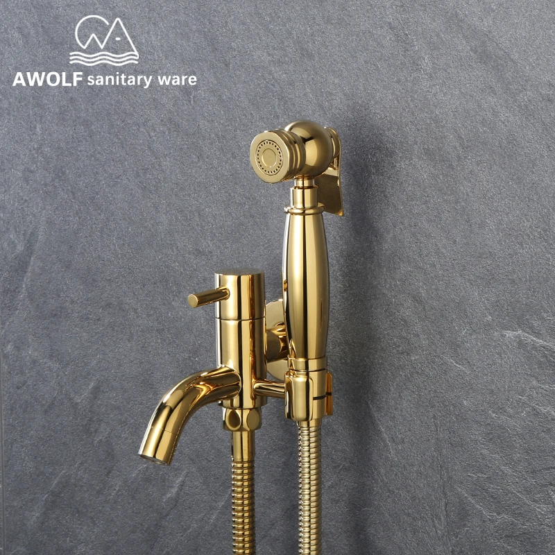 

Solid Brass Bidet Sprayer Shiny Titianium Gold Toilet Hand Held Douche Kit Shattaf Shower Head Faucet Luxury Sprayer AP2209