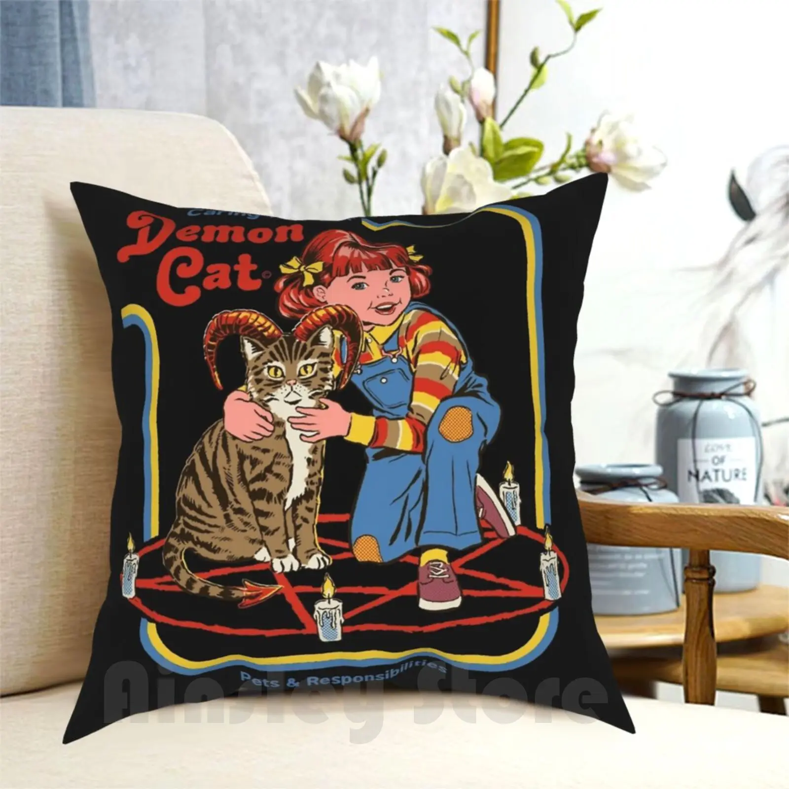 

Caring For Your Demon Cat Pillow Case Printed Home Soft DIY Pillow cover Cats Demon Horror Occult Hell Funny Retro Humor