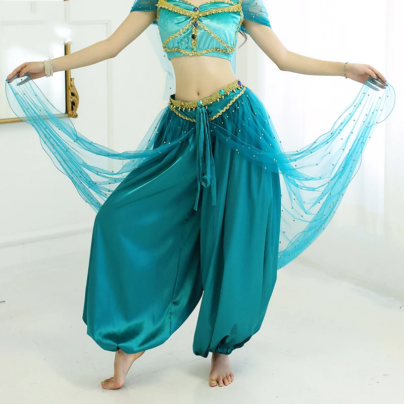 New Exotic Dance Sexy Adult Female Jasmine Princess Stage Dress Veil Top Pants Belly Dance Bollywood Belly Clothing