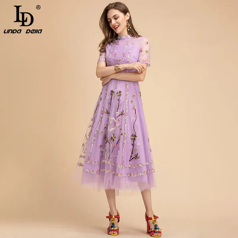 LD LINDA DELLA Fashion Designer Summer Mesh Midi Dress Women Short sleeve Lace Flowers Embroidery A Line Vintage Party Dresses