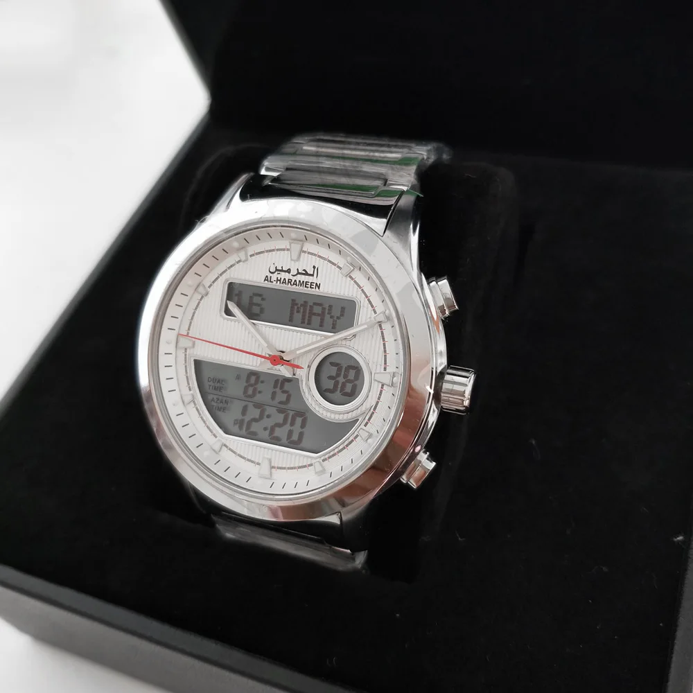 Azan Watch for Muslim Man Islamic Wrist Clock with Fajr Time Prayer Reminder Hijiri Calendar Stainless Steel Big Dual Display
