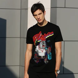 AlexPlein Tshirt Men Cartoon Bear Crystal Rhinestones 100% Cotton Man Clothing Fashion 2021 Summer Shortsleeve O Neck Streetwear