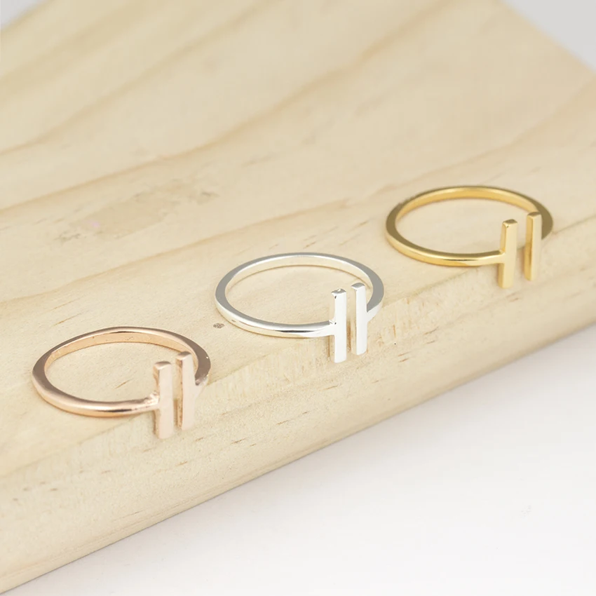 Simple Stainless Steel  Parallel Bars Rings For Women Midi Bague Adjustable Two T letter Rings Jewelry