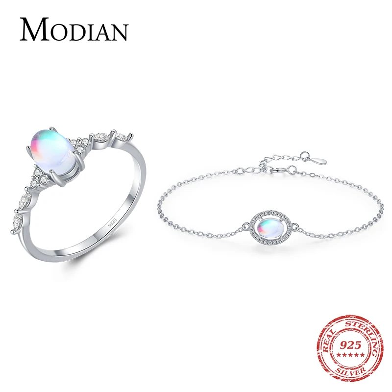 

MODIAN 925 Sterling Silver Exquisite Natural Moonstone Jewelry Sets For Women Wedding Statement Rings Oval Charm Bracelet Gifts