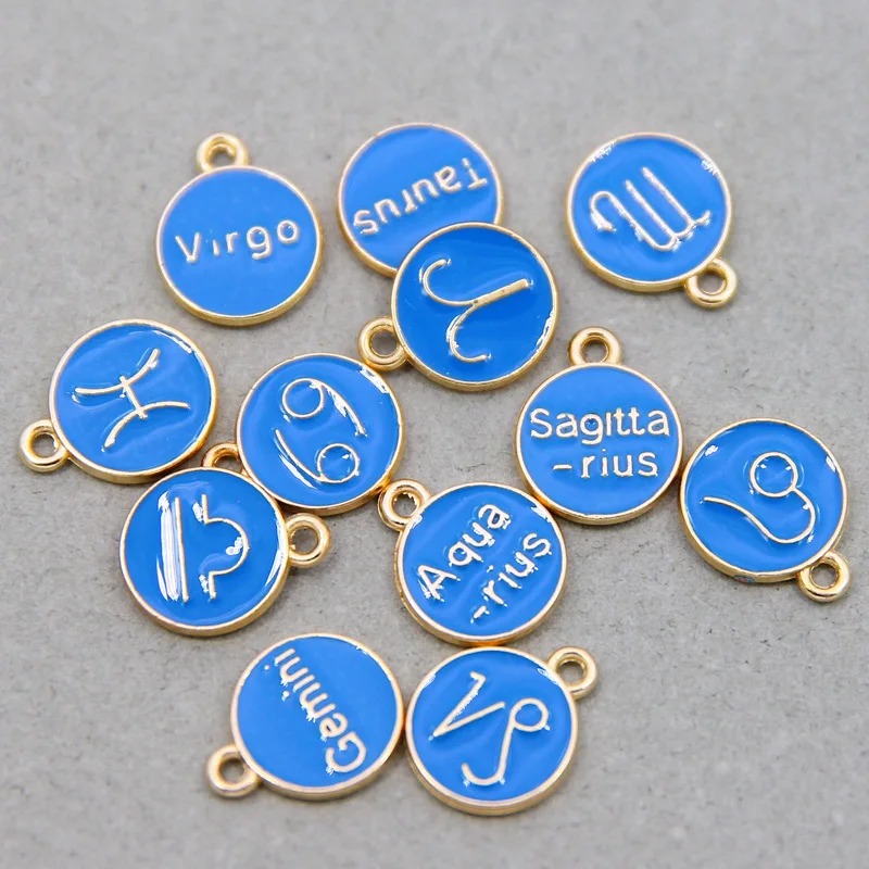 12pcs lega a doppia faccia 12 costellazione lago smalto blu Charms segno zodiacale pendenti collana fai da te per gioielli che fanno Accessori