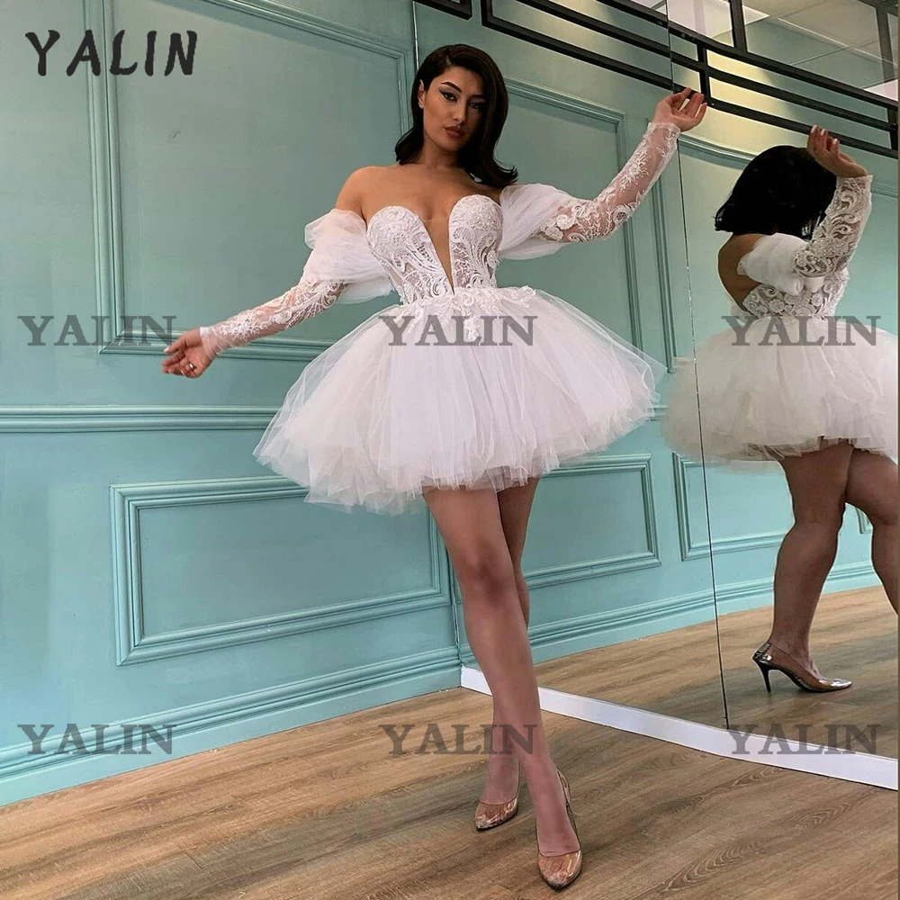 2022 New Short Wedding Prom Dresses High Low Fluffy White Tulle With Detachable Train Sexy Deep V-neck Tiered Mesh  Gowns