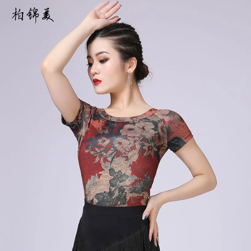 Latin dance shirt female adult costume new short-sleeved show competition modern dance clothes training skills national standard