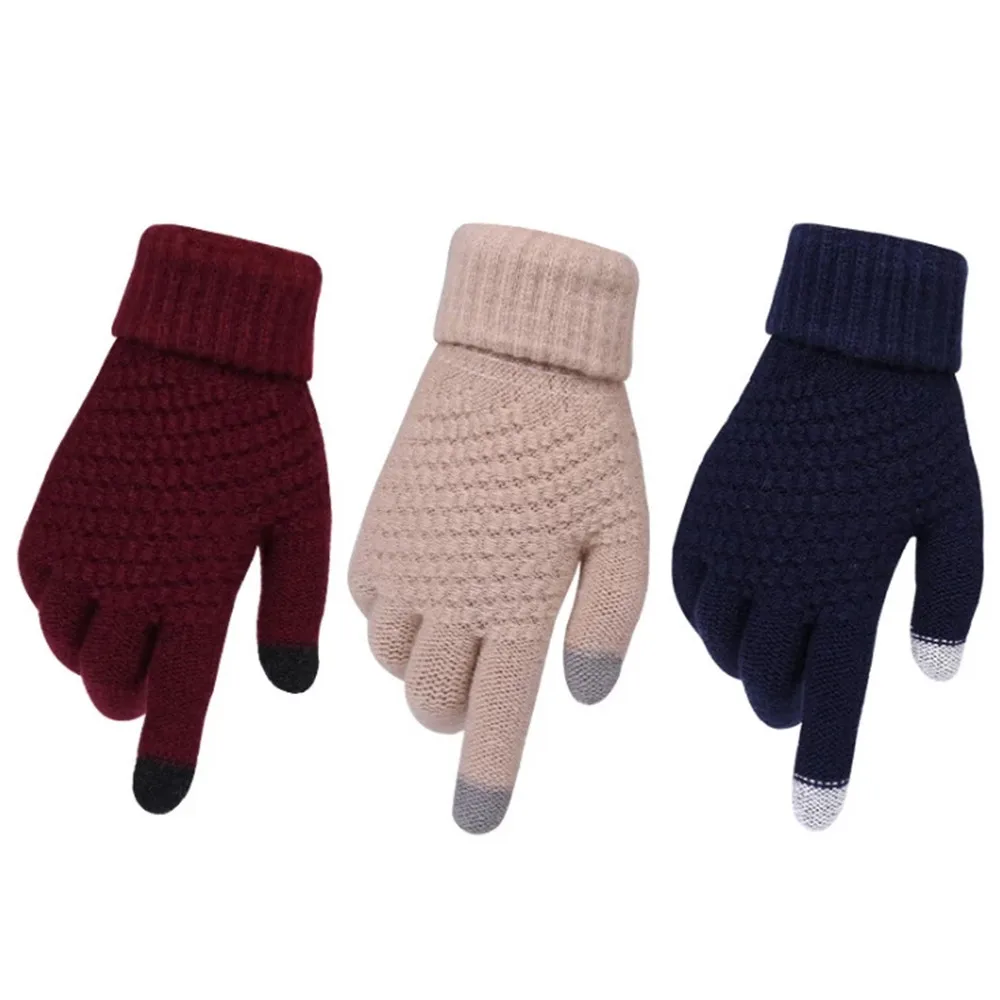 Women\'s Winter Touch Screen Gloves Thicken Warm Knitted Stretch Gloves Imitation Wool Full Finger Outdoor Skiing Gloves