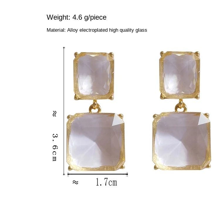 Korean Baroque Retro Temperament Crystal Clip Earrings Creative Transparent Simple Geometric Square Clip on Earrings No Hole