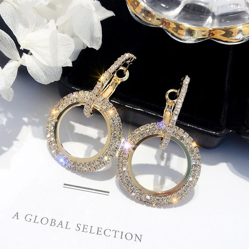 FSUNION 2024 New Fashion Creative Jewelry High-grade Elegant Gold Silver Color Round Crystal Earrings For Women Wedding Party