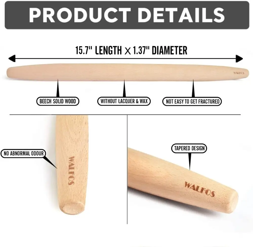 WALFOS 40CM French Rolling Pin Dough Roller For Baking Pizza Dough, Noodles Pie And Cookie Beech Wood Rolling Pin Baking Tools