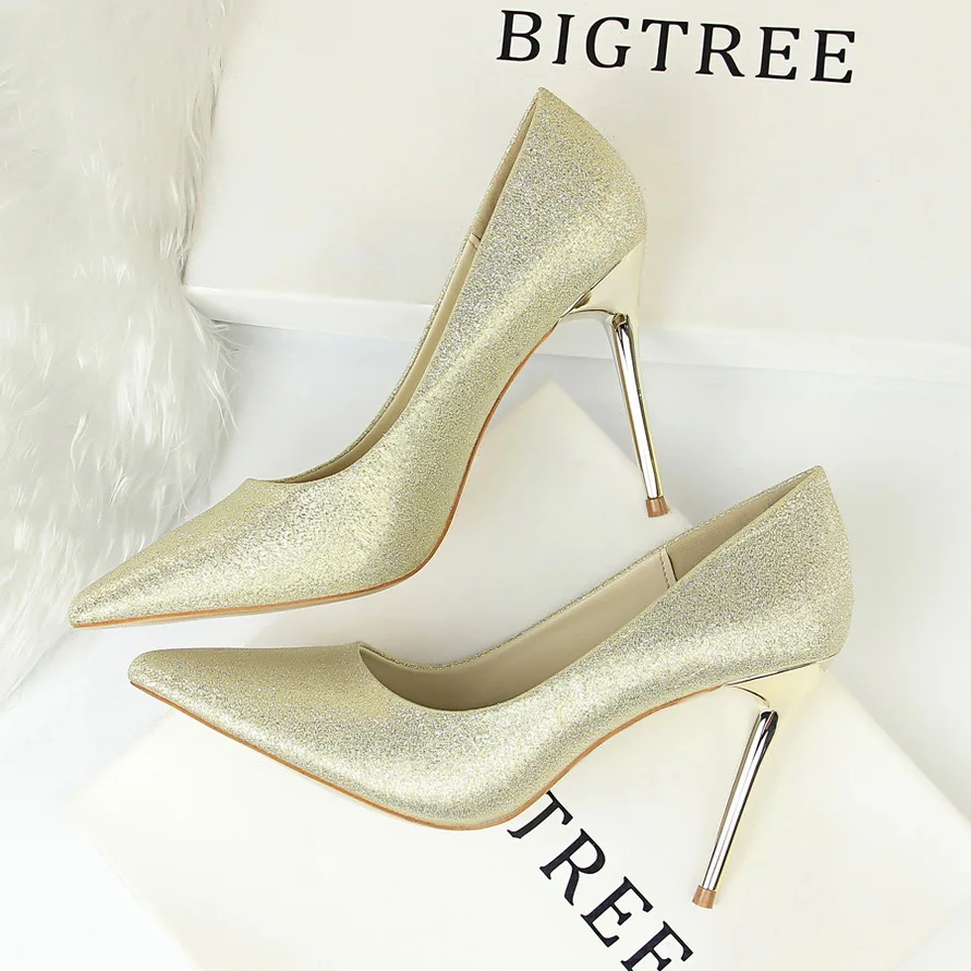 Metal Heel Shoes Women Silk Thin High Pumps Satin Heeled Sexy Elegant High Heels Yellow 34 42 43 Pointed Fashion Ladies Shoes