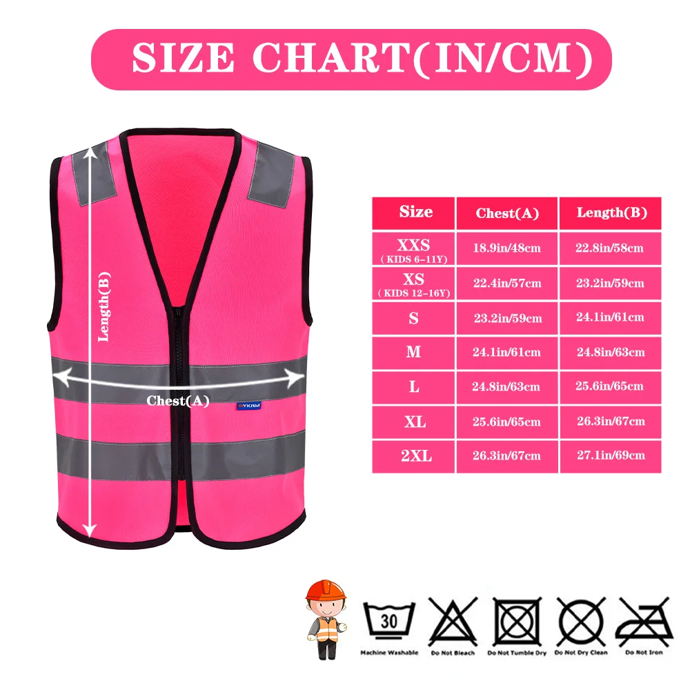 AYKRM High Visibility Safety Vest Fluorescent Pink Reflective Workwear Hi Viz With Pockets And Zipper Customized Logo Traffic