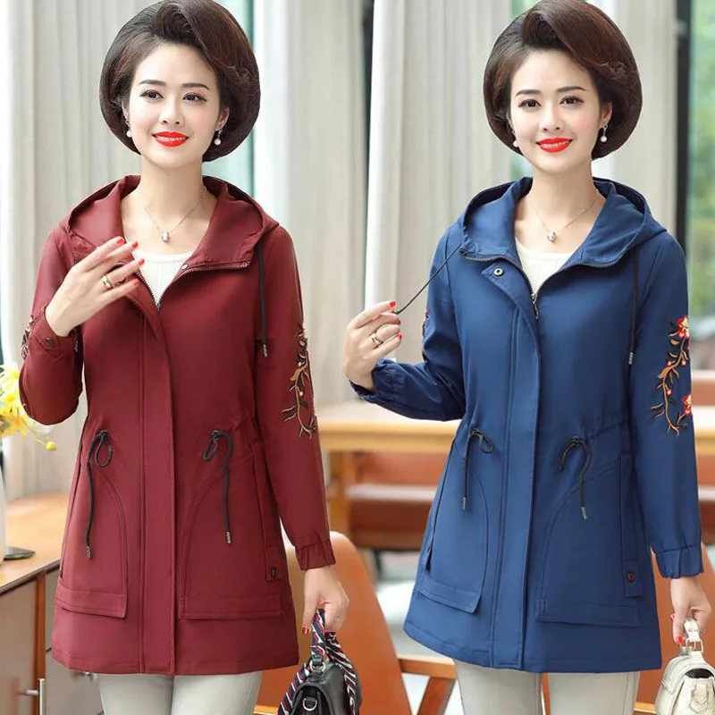 

Fashion Embroidered Jacket New 2022 Spring Autumn Trench Coat Mid-Length Middle-Aged Elderly Women's Outerwear Casaco Feminino