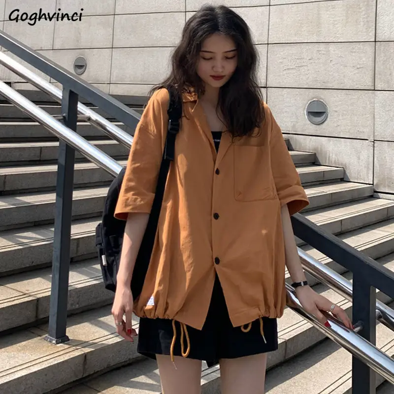 

Shirt Women Streetwear Fashion Solid Color Simple Japanese Style Loose Unisex Single Breasted Shirring Turn-down Collar Harajuku