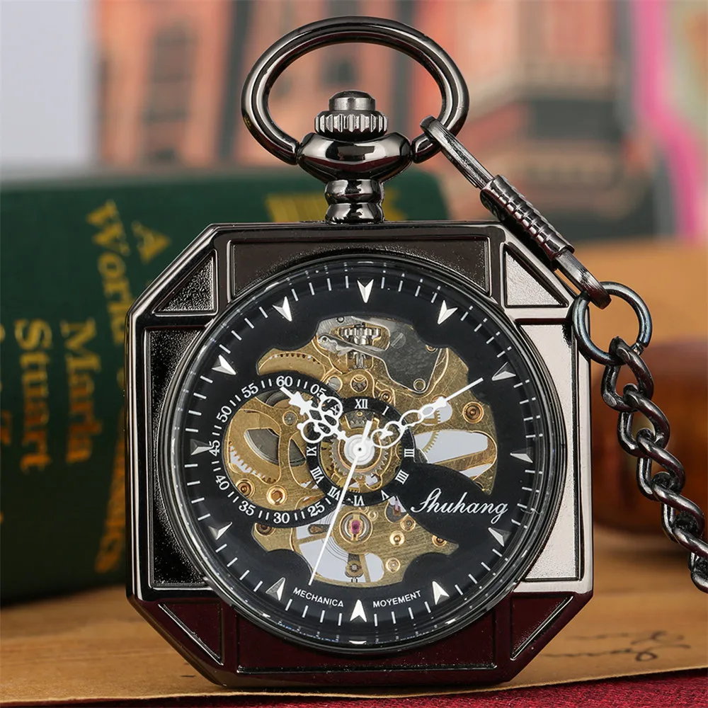 Antique Black Mechanical Hand-Wind Pocket Watch Transparent Glass Hand Square Pendant Manual Mechanism Pocket Clock Retro Gift