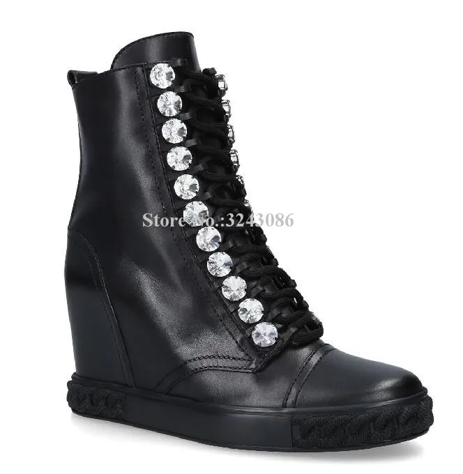 Black Leather Crystal Ankle Boots Woman New Arrival Lace-up Platform Casual Shoes Lady Increased Within Wedge Shoes Sneakers