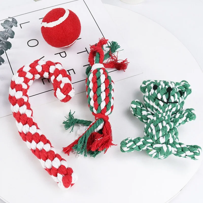 Dog Rope Toy- Christmas Candy Cane Rope Chew Toy Durable Interactive Cotton Rope Toys Puppy Rope Teething Toy For Dog