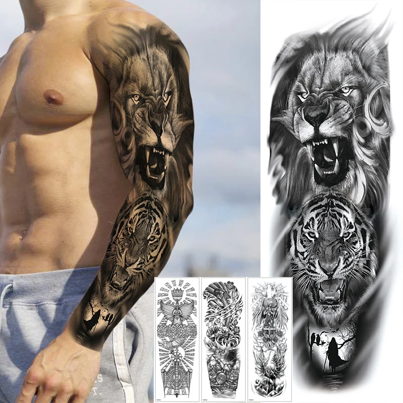 Full Arm Temporary Tattoos Sleeve Stickers, Japanese Geisha Totem Tiger Lion Temporary Tattoo for Men Women Adults Fake Tattoos