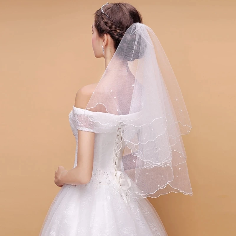 Velo de novia tipo europeo, velo de novia con perlas, capas de tul, borde de cinta, accesorios para mujer