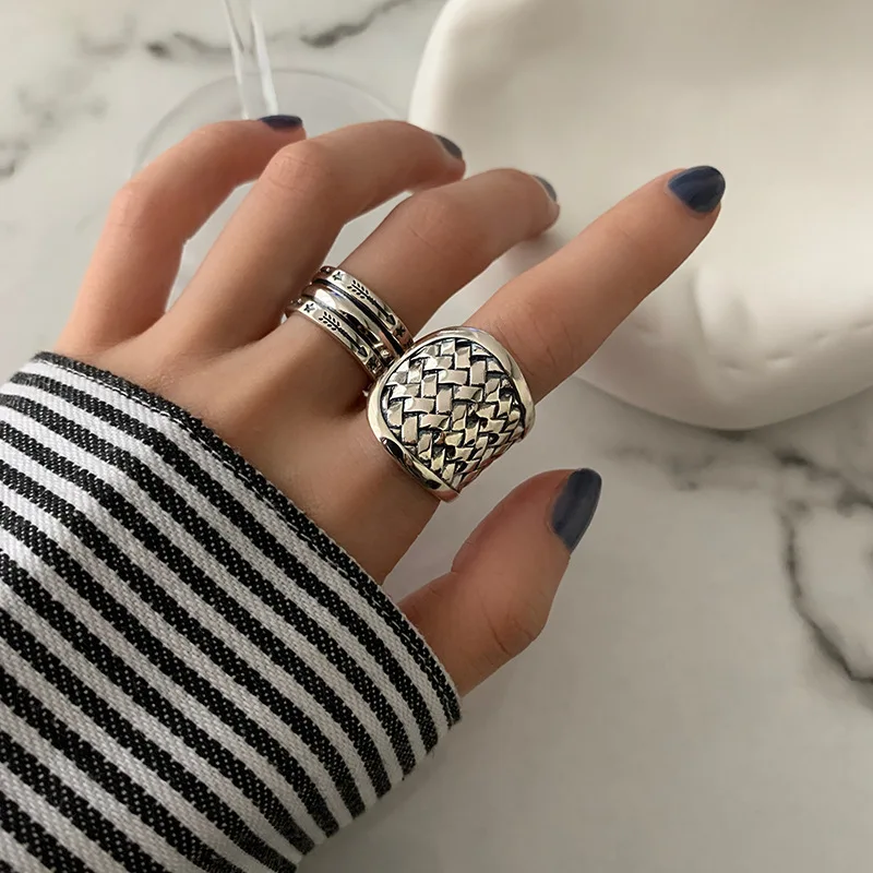 QMCOCO Simple Vintage Silver Color Geometric Wide Ring Unique Design Arrow Star Pattern Light Luxury Punk Ring Men Women Gifts