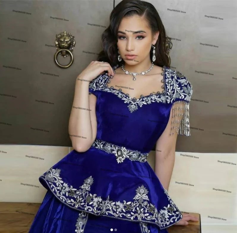 Mermaid Algerian Kaftan Prom dresses With Tassel royal blue peplum Algerian outfits Karako Velour Appliques Islamic evening Gown