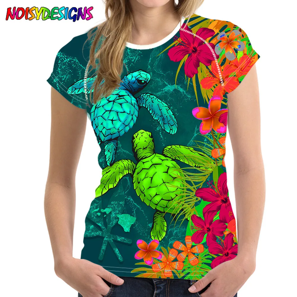 

NOISYDESIGNS Fashion Casual O-Neck Tops Tee Summer Polynesian Hibiscus Turtle Printing T-shirt Women Harajuku Tee Femme Mujer